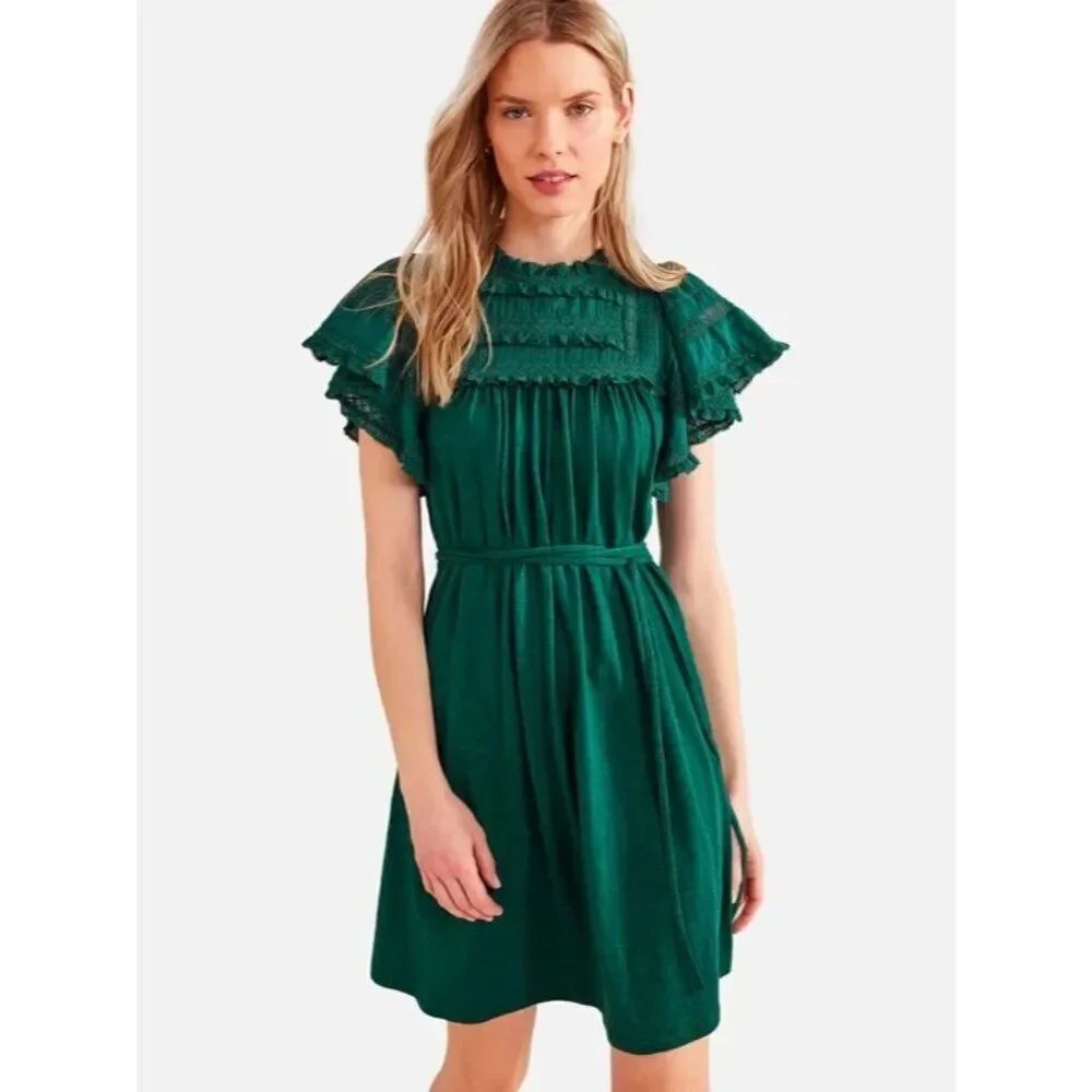 Boden Womens Dress UK 10 US 6 Green Ruffled Trim Detail High Neck D0530 NWT